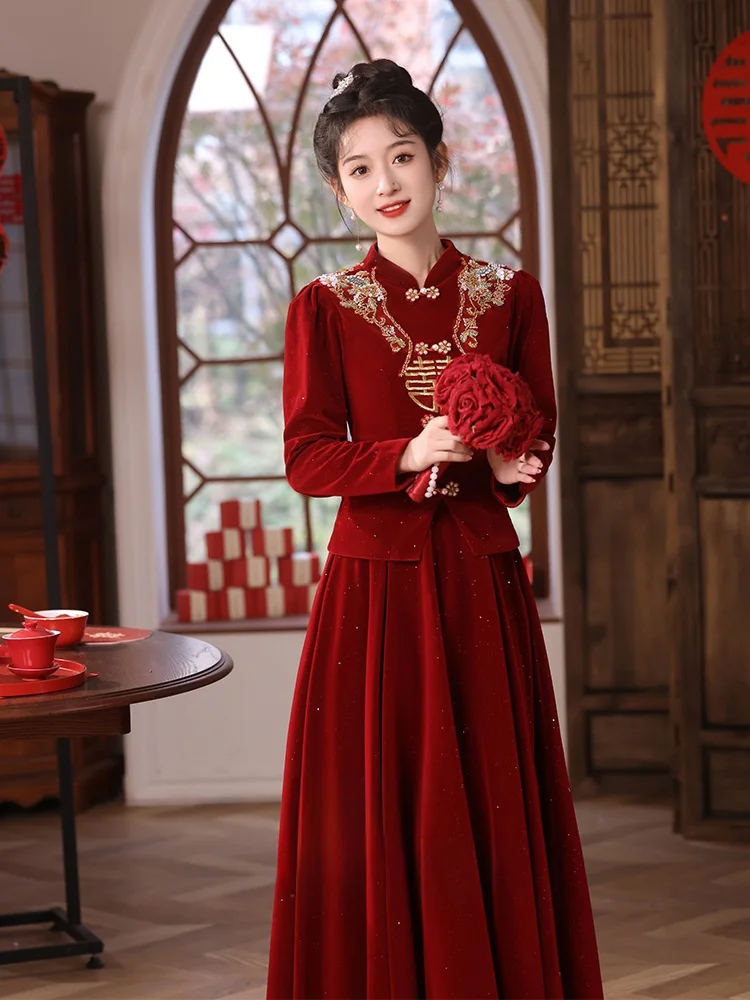 

Bride's Velvet Long Sve Wedding Dr Vintage Chinese Engagement Par Women's High-End Feel Floor Length Gown