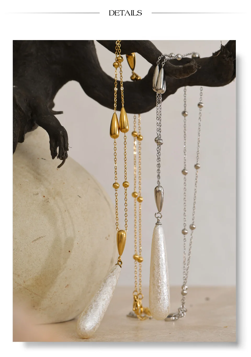 Yhpup Edelstahl-Tropfenanhänger mit Imitationsperlen, Halskette, Neuheiten, Modisch, Schick, Abendglamour-Schmuck – Detail 9