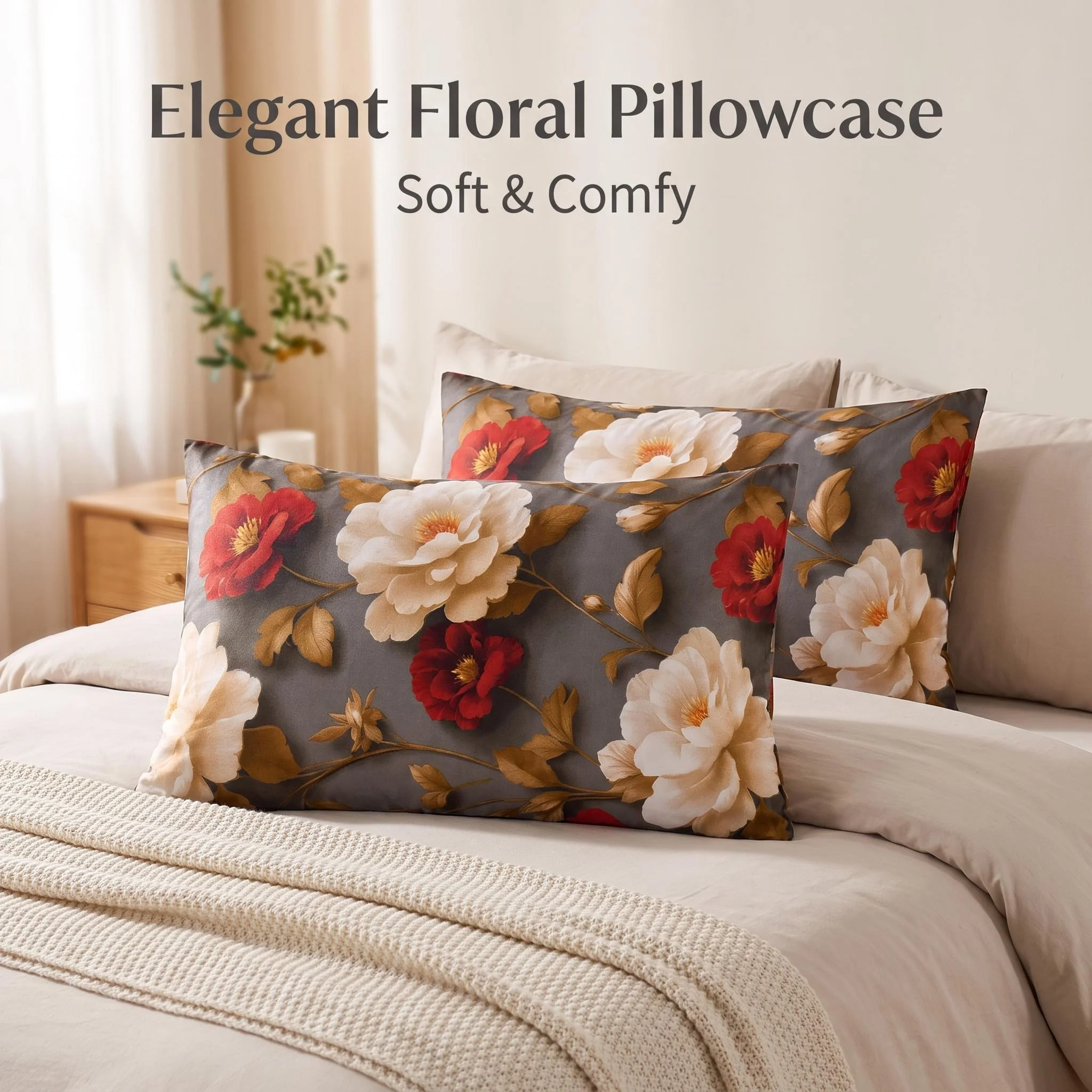 2PC Vintage Luxury Floral Pillowcases Set Machine Washable Grey Background with Red Flowers for Home Dormitory Multi-size Option