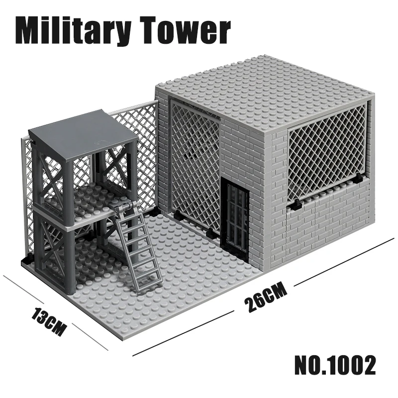 WW2 MOC Military Base Sentry Tower Model Prison Cage Camp Construction Arms DIY Scene Accessories Boy Building Block Toy Gifts