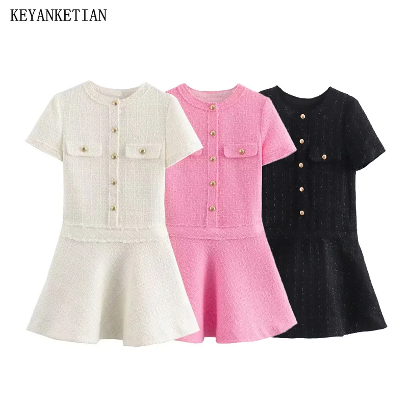 

KEYANKETIAN 2024 New Launch Women Tweed Texture Mini dress Summer Buttons DecorationFashion Elegant Short Sleeve A Line Dresses