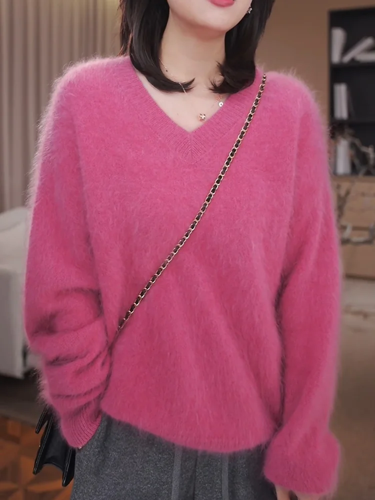 

Женский свитер Ele Pink с V-образным вырезом, большие размеры, вязаный топ, корректирующий фигуру, модный корейский стиль, длинный рукав, шерстяная смесь