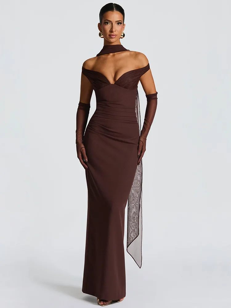 Absobe Avond Tank Maxi Jurk Dames Sexy V-hals Off Schouder Sjaal Lint Backless Uitgesneden Slanke Bodycon Split Jurk Partywear