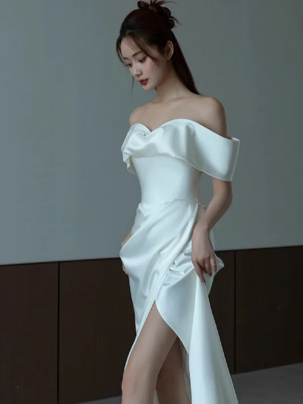 

Silk Satin One oulder Lightweight Wedding Dr Tail Simple Travel Photoaphy Bride Ele Slimming Evening Gown