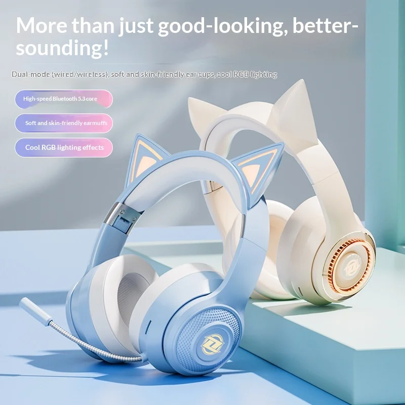 

Беспроводные Bluetooth-наушники DENOISE с кошачьими ушками, микрофоном с шумоподавлением и RGB-подсветкой для геймеров и стримеров