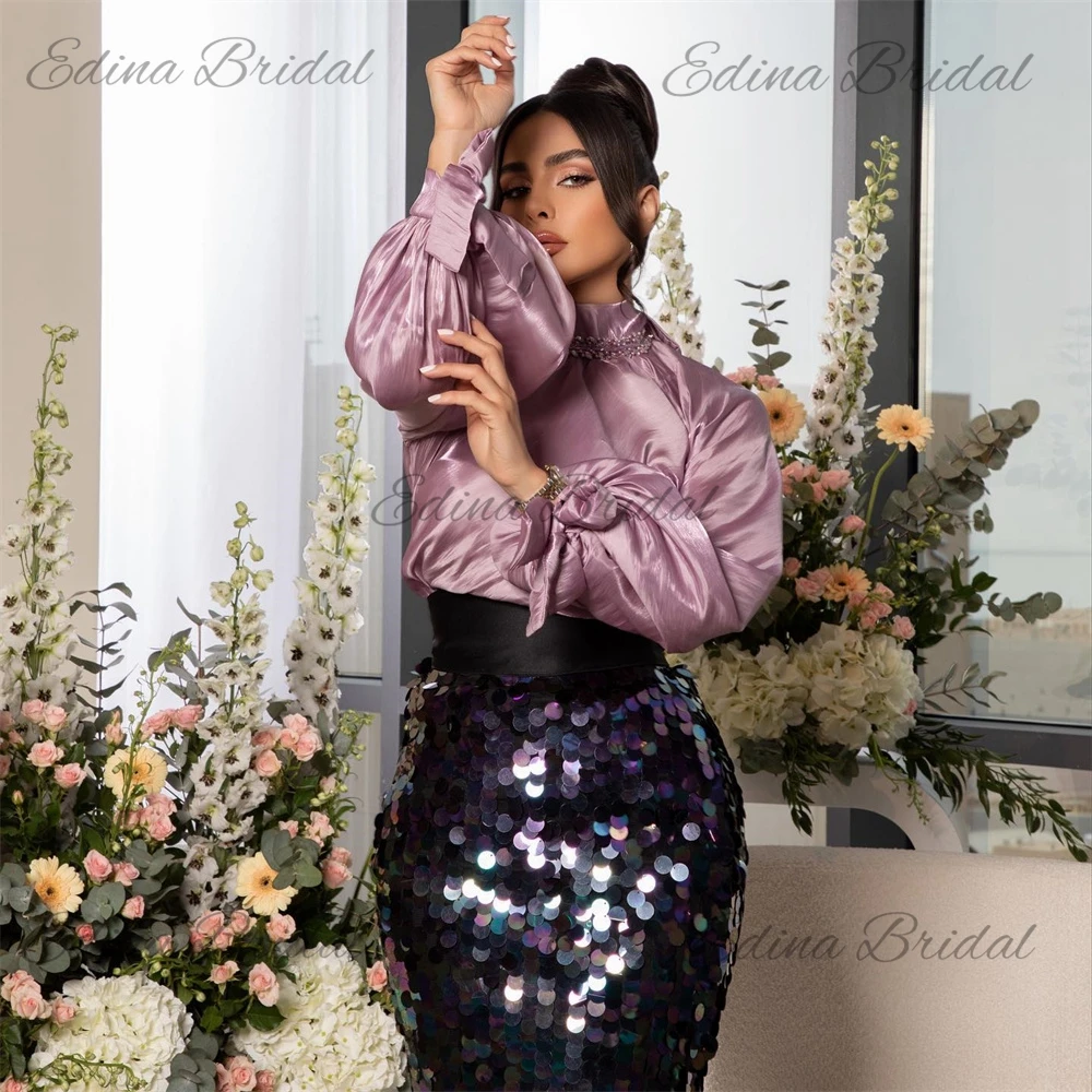 Long Sleeve Patchwork High Exquisite Party Dress Sexy Sheath Sequins Sparkly Prom Gown Knee-Length فساتين للحفلات الراقصة