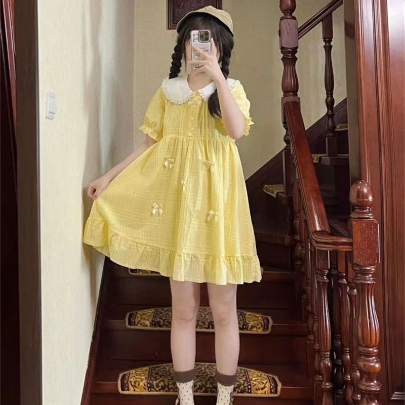 Summer Academy Style Doll Neck Japanese Soft Girl Wooden Ear Edge Dress Girl Student Sweet and Fresh Small Skirt