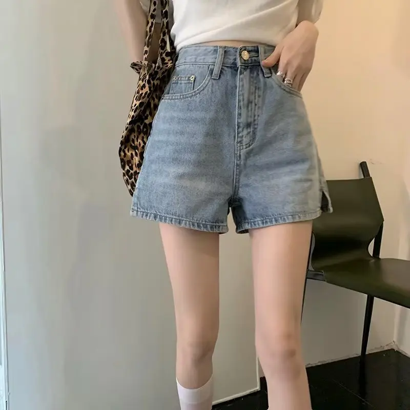 Verano cintura alta Denim orts mujer picante adelgazante versátil estudiante Color claro talla grande pantalones sueltos de pierna ancha A-Line Ho...