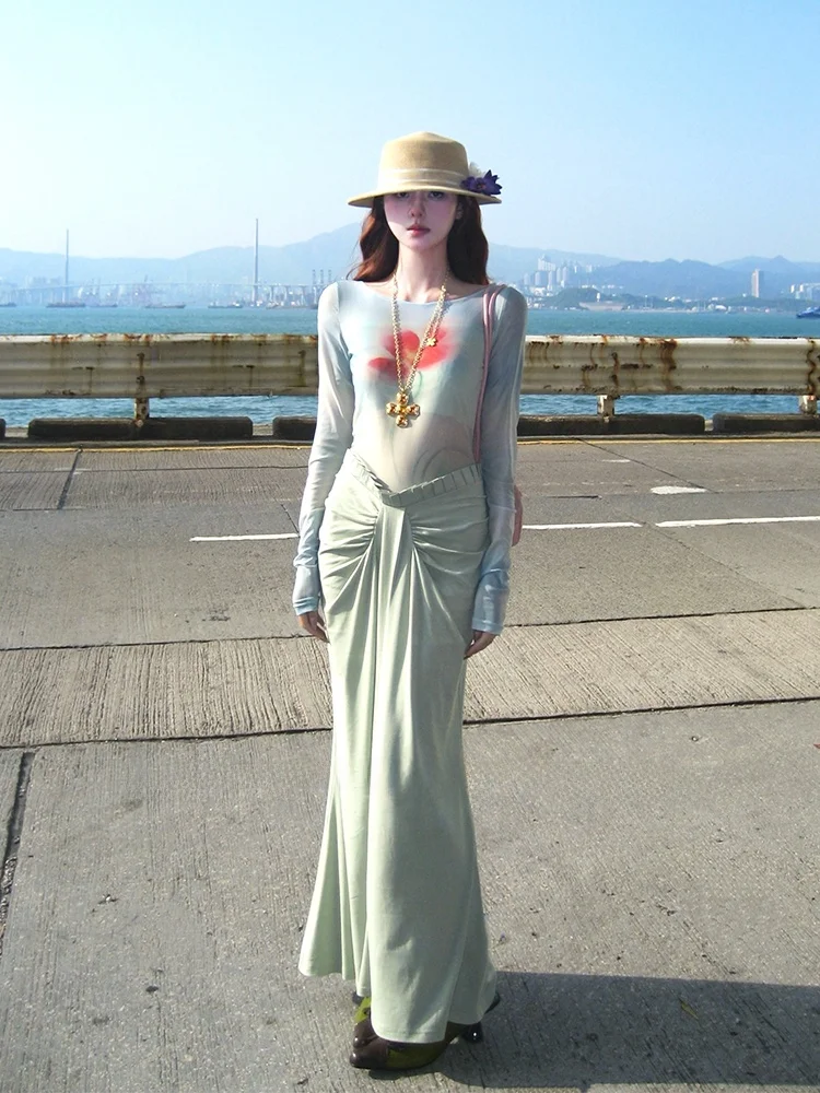 

New Chinese Sle Long Sve Knitted Me Print Dr Women's Early Autumn Waist Cinching Bodycon Fi Tail Long Dr