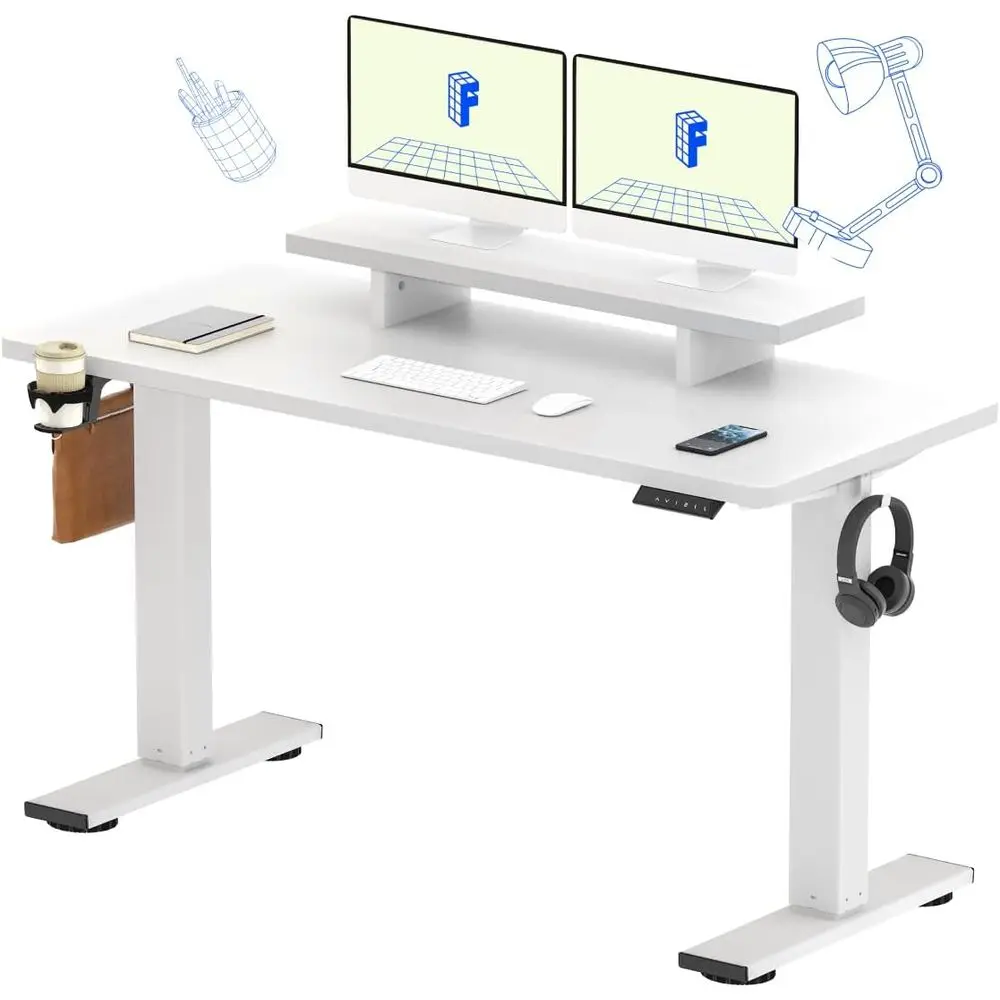

Электрический регулируемый по высоте стол, 55 x 24 дюймов, цельный, с подставкой для монитора и держателем для стакана, для дома/офиса, белый