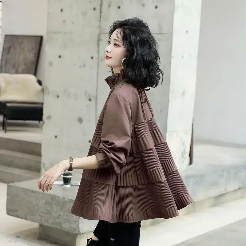 Women Blouse 2022 New Fashion Korean Summer Autumn Spring Casual  Solid  Puff Sleeve  Acetate Folds Chiffon Full Casual Shirts