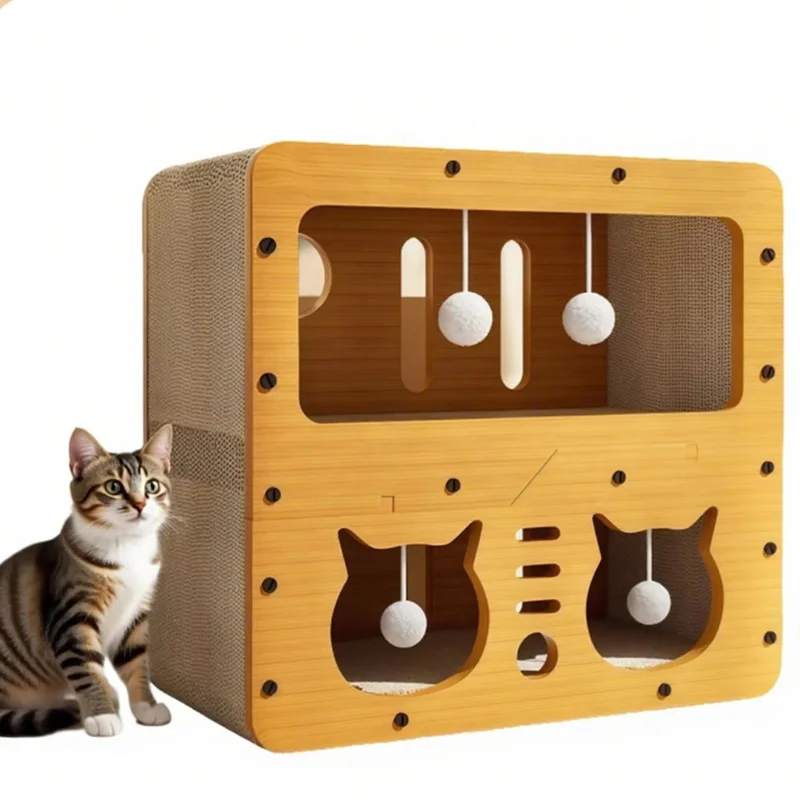 Multifunctional Cat House Bed, 3 in 1 Cat Scratching Board & Lounge, Heavy Duty Cardboard, Natural Yellow, for Small Medium Cats