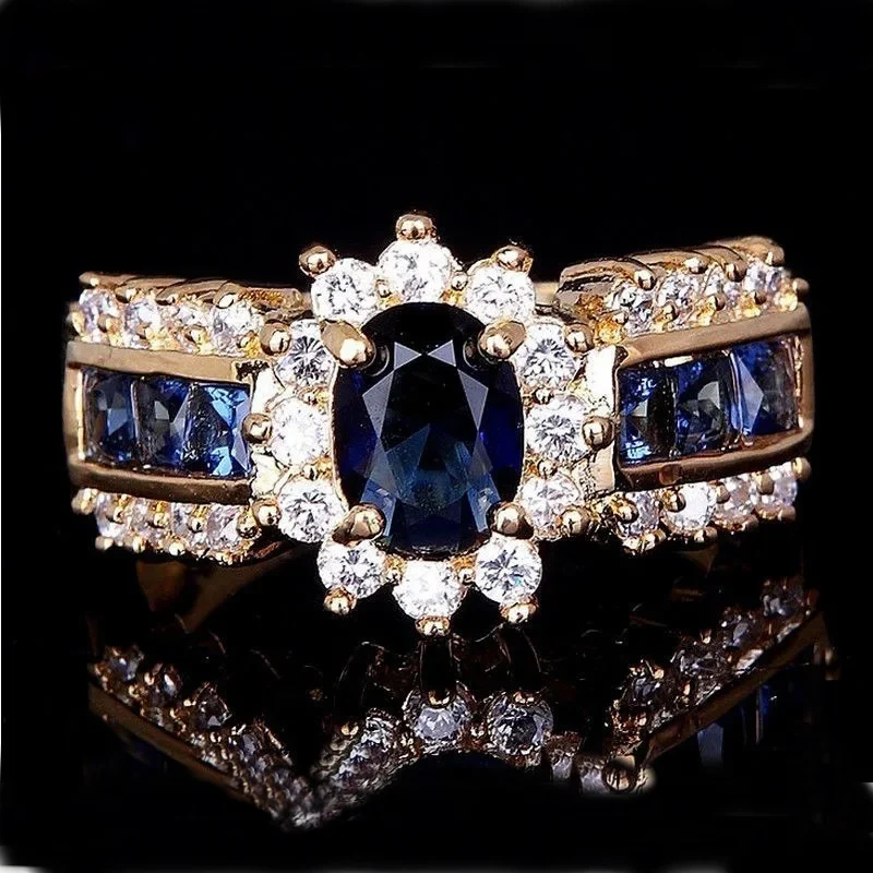 2024 new Luxurious Blue Red Zircon Fashion Men\'s and Women\'s Rings Gold Color Anniversary Unisex Jewelry Wedding Rings Wholesale