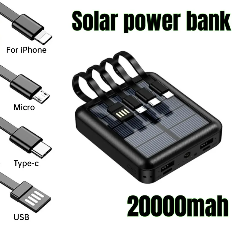 Powerbank Portable Solar Power Bank with Cables 20000mAh External Battery Charger Cases Fast Charging for IPhone Series Samsung