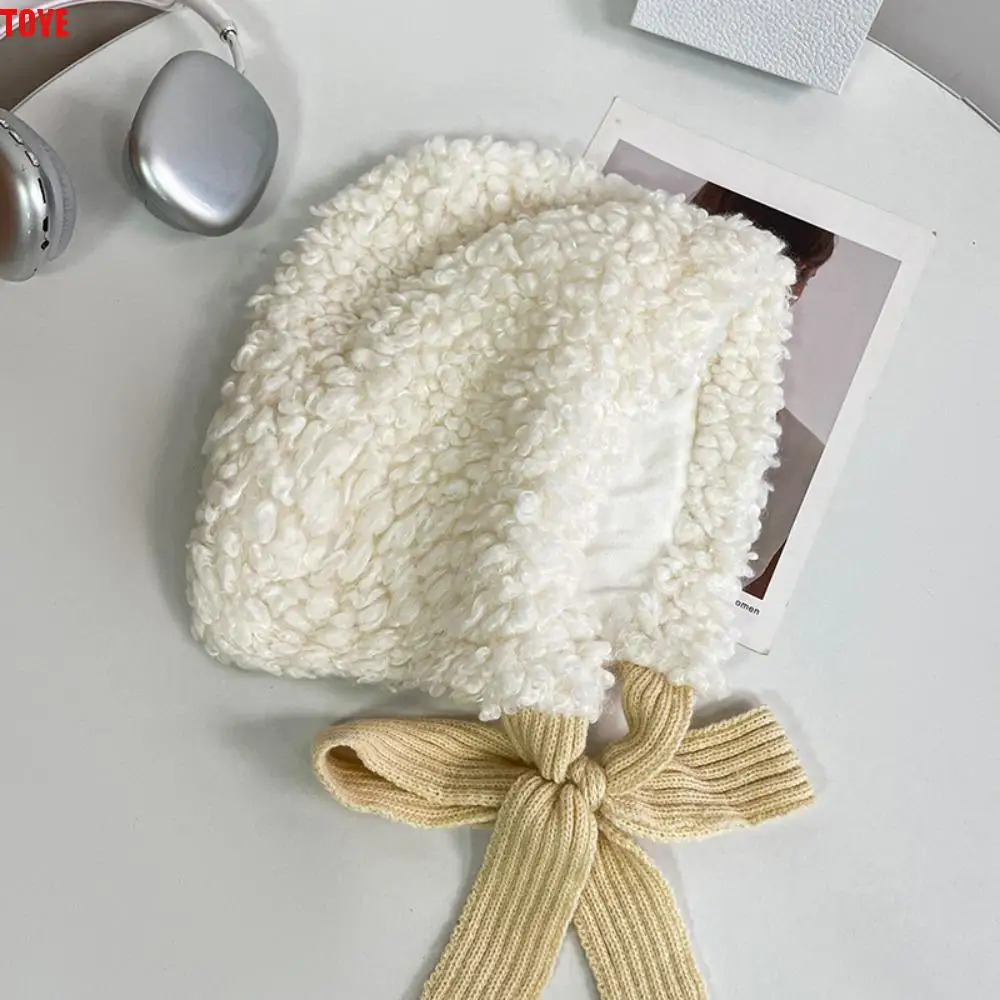 

Sweet Thickened Ear Protective Hat Balaclava Windproof Lamb Wool Cap Korean Style Solid Color Winter Plush Beanies Autumn