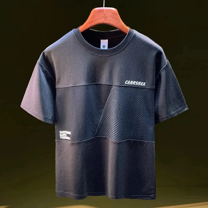 

Высококачественная тонкая футболка с короткими рукавами, мужская летняя вышивка букв, свободный топ в стиле пэчворк с половиной дизайна