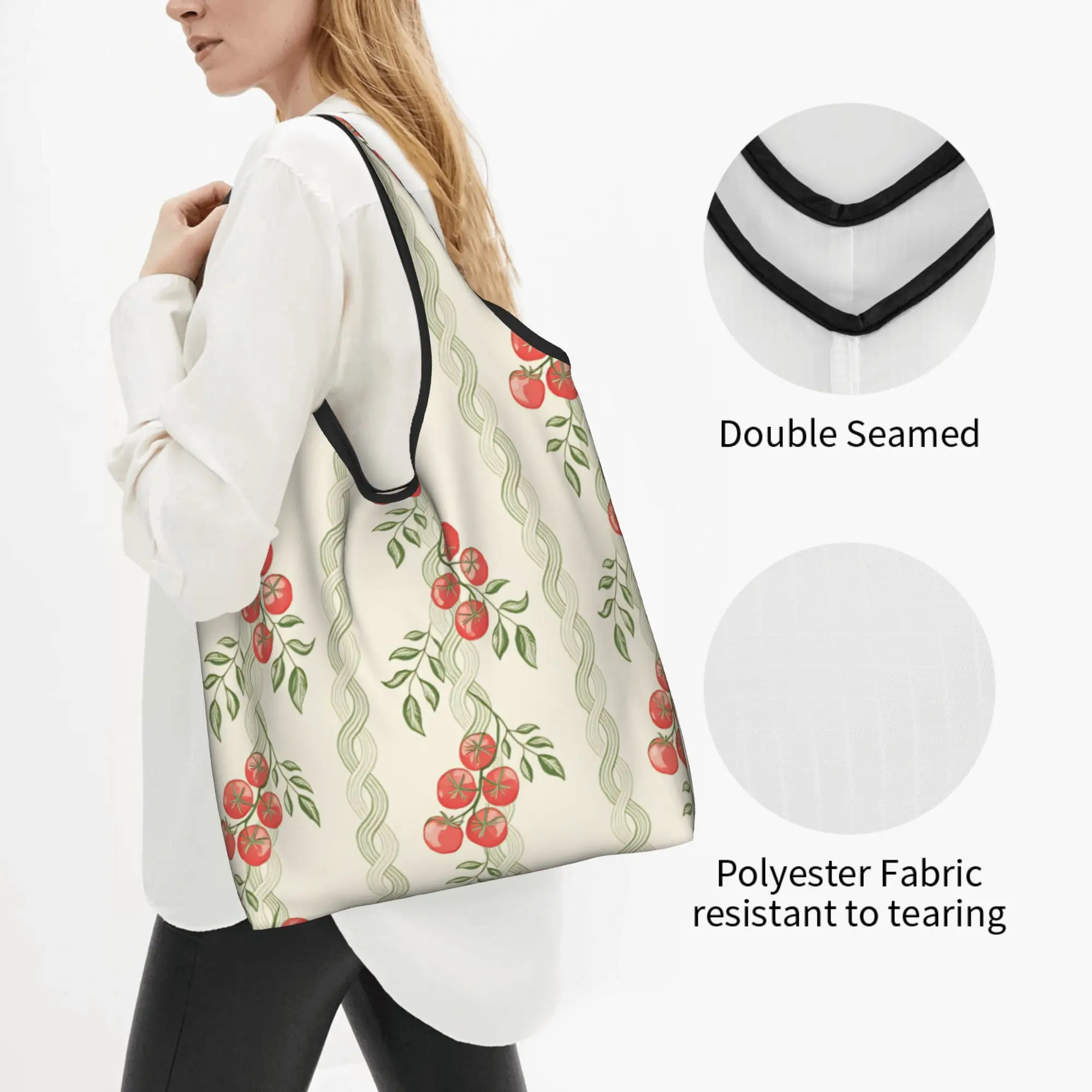 Recycling Mediterranean Tomatoes Shopping Bag Women Tote Bag Portable Green Striped Pattern in Watercolors  Grocery Shopper Bags