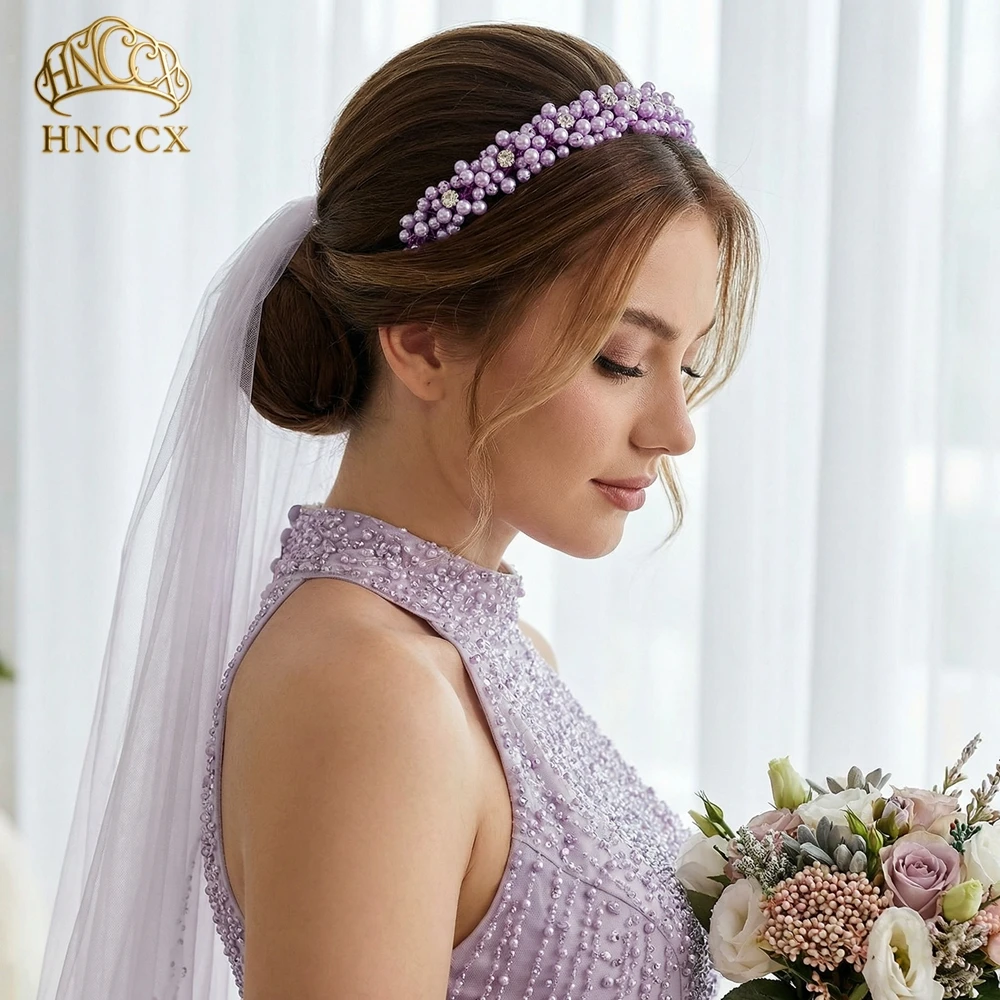 

HNCCX Elegant Purple Color Pearl Bride Hair Hoop Handmade Beaded Wedding Headband Hair Accessories Women Princess Headpieces A80