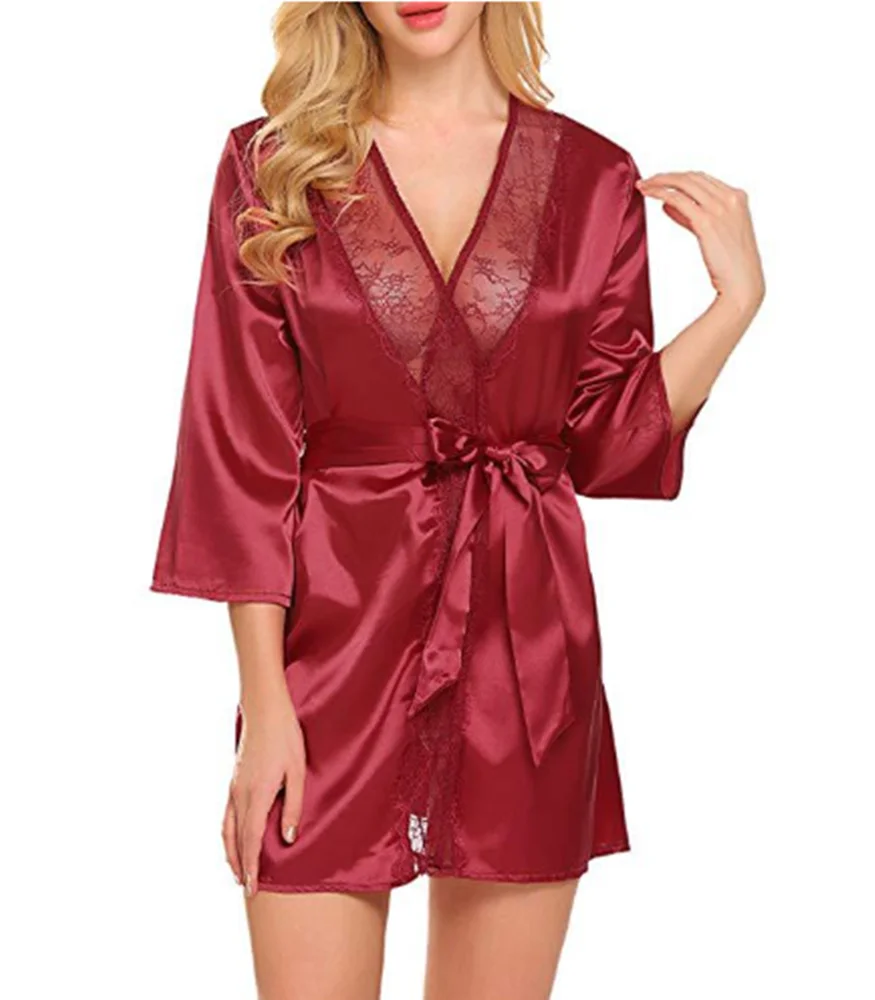 Women\'s sexy lingerie, solid color sleepwear, satin robe, lace sleepwear, kimono, lace cuffs, skin friendly