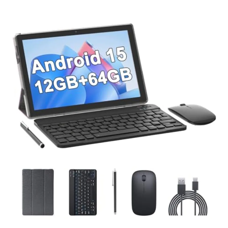 

10 Inch Android 15 Tablet 2 in 1 with Keyboard and Mouse 64GB ROM+12GB RAM 5G WiFi-6 6000mAh 2MP+8MP Dual Camera 1TB Expansion