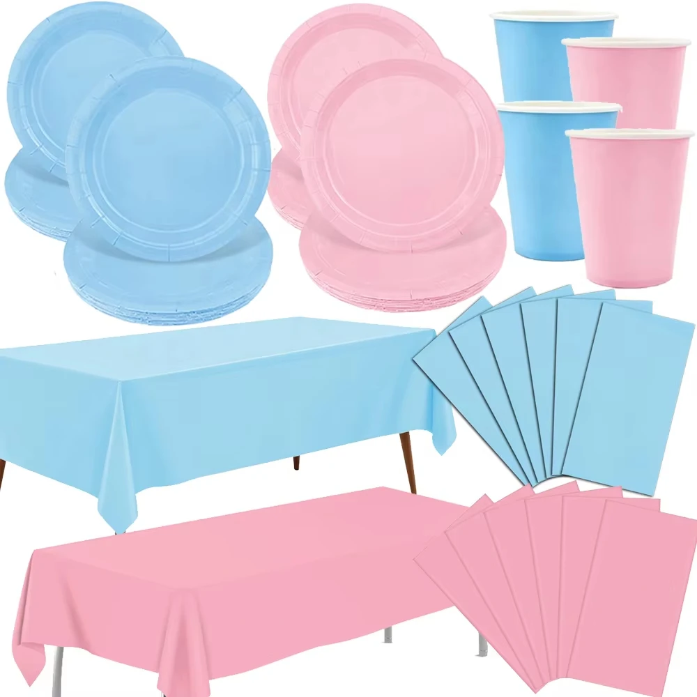 Solid Light Pink Blue Party Supplies Tableware Set Paper Plate Tablecloth Dinnerware for Baby Shower Wedding Kids Birthday Party
