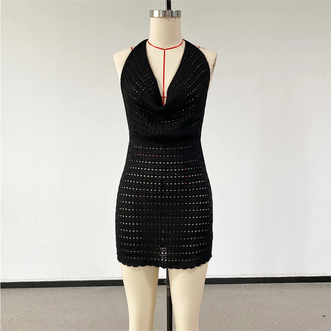 V-Ausschnitt, halterneck, rückenfrei, einfarbig, gehäkelt, gestrickt, Tunika, Strand-Überwurf, Strandkleid, Strandmode, Damen, V8374 – Detail 14
