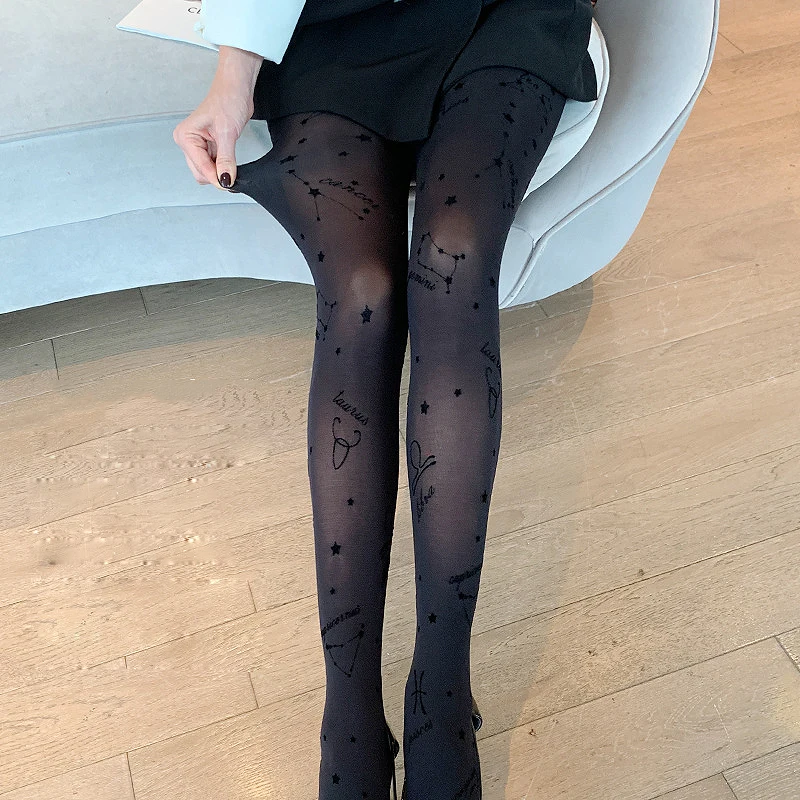 Constellation Women\'s Pantyhose Sexy Women\'s Tights Stockings Fashion Constellation Printed Black Women\'s Silk Stockings