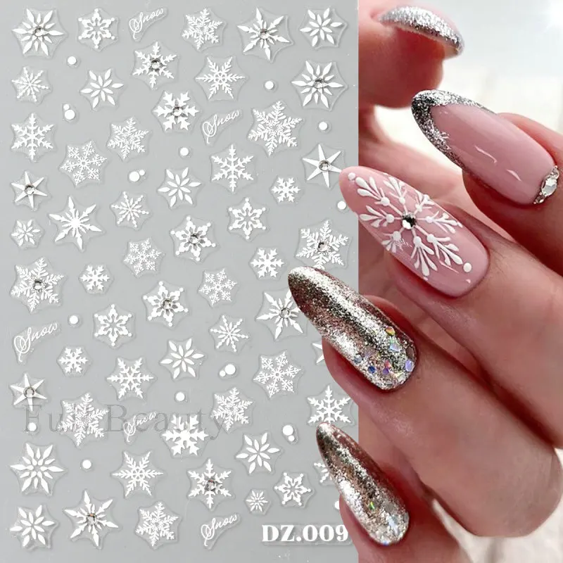 2pcs White Snowflake Nail Stickers With Sparkling Crystal Rhinestones Winter Christmas Design Self-Adhesive Sliders Decals Festi