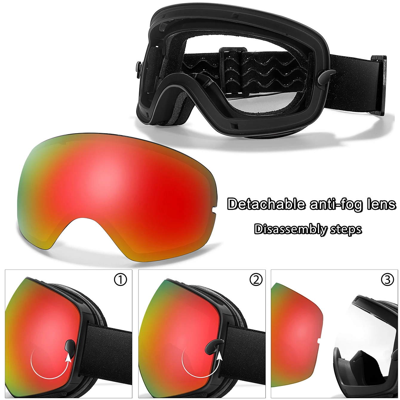 Antibeschlag-Skibrille mit Linsen für Männer und Frauen – Skifahren, Snowboarden, Outdoor-Sportarten, UV-Schutz – Detail 2