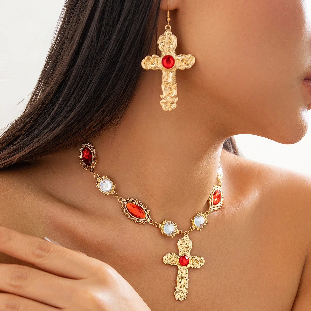 Chunky Cross Pendant Necklace with Ruby Micro Pave and Molten Liquid Alloy Lightweight Comfortable for Daily Party