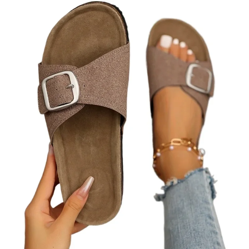 2024 Summer Hot Selling Women's Shoes Fashion Solid Color Open Toe Flat Ladies Slippers Solid Color Mid Heel Buckle Beach Shoes