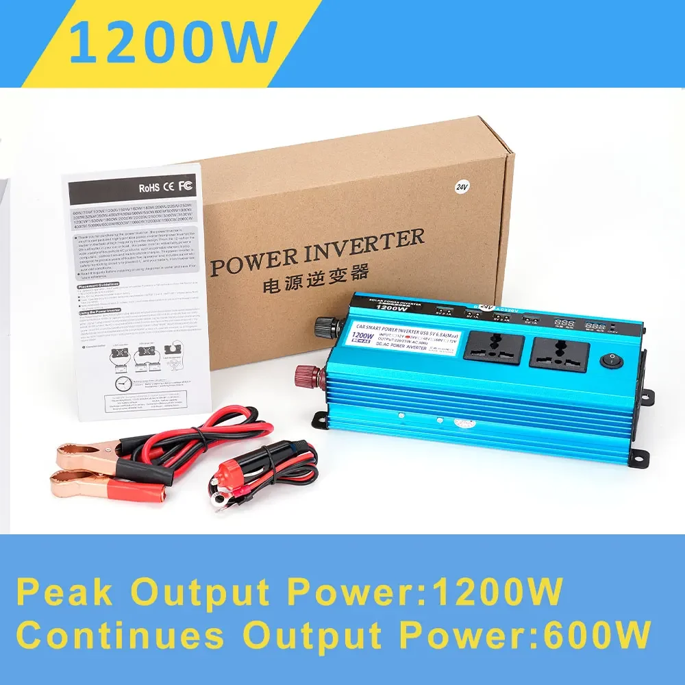 1200W Car Inverter Solar Double LCD Display 4USB Inverter Power Voltage Convertor Transformer DC48V To AC 220V