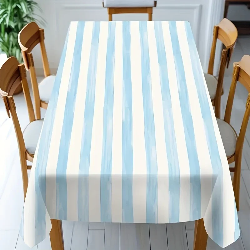 One linen tablecloth with blue and white stripes, perfect for dining rooms, living rooms, outdoor activities, and more.yzb