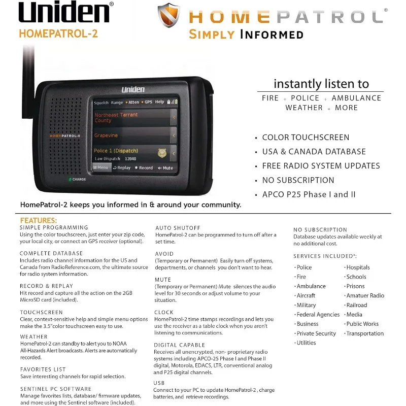 Scanner Touchscreen A colori HomePatrol-2 con TrunkTracker V/S/A/M/E, APCO P25, avvisi di emergenza-cover USA E Canada