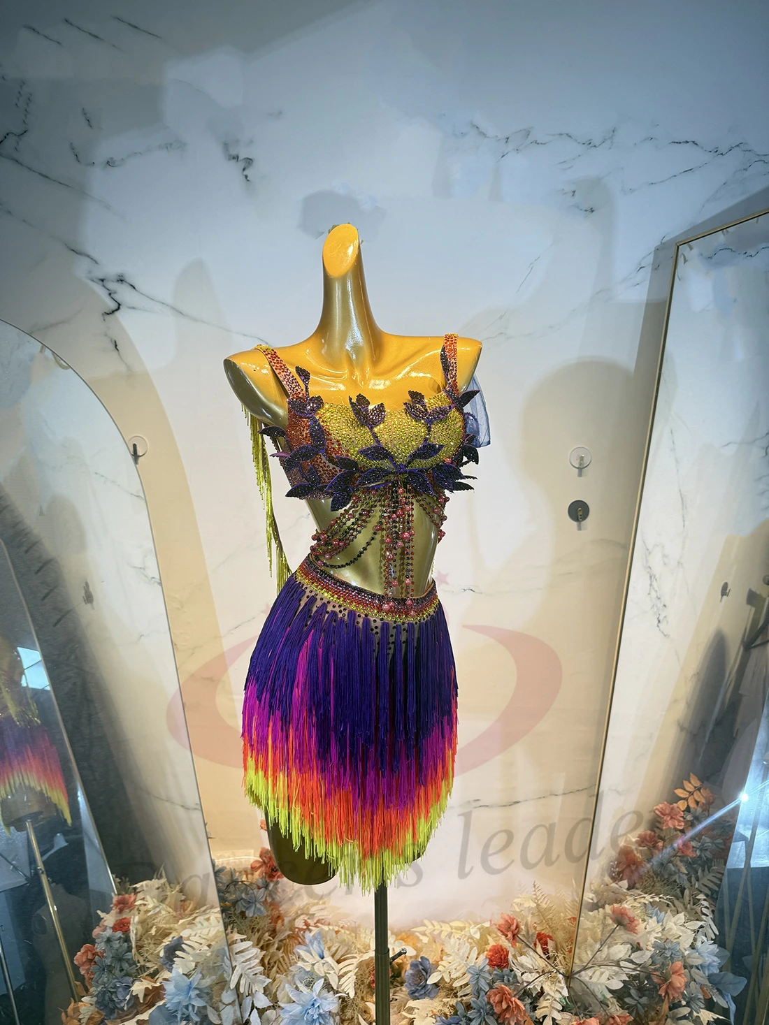 Latin Dancer Adult Children High-End Customized Rainbow Tassel Splicing Tango Samba AB Stone Performance Dress