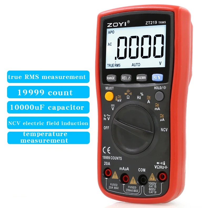 ZOYI Auto-Range Multimeter ZT219 High-Precision 4.5-Digit True RMS Digital Multimeter with Overload Protection, 19999 Counts