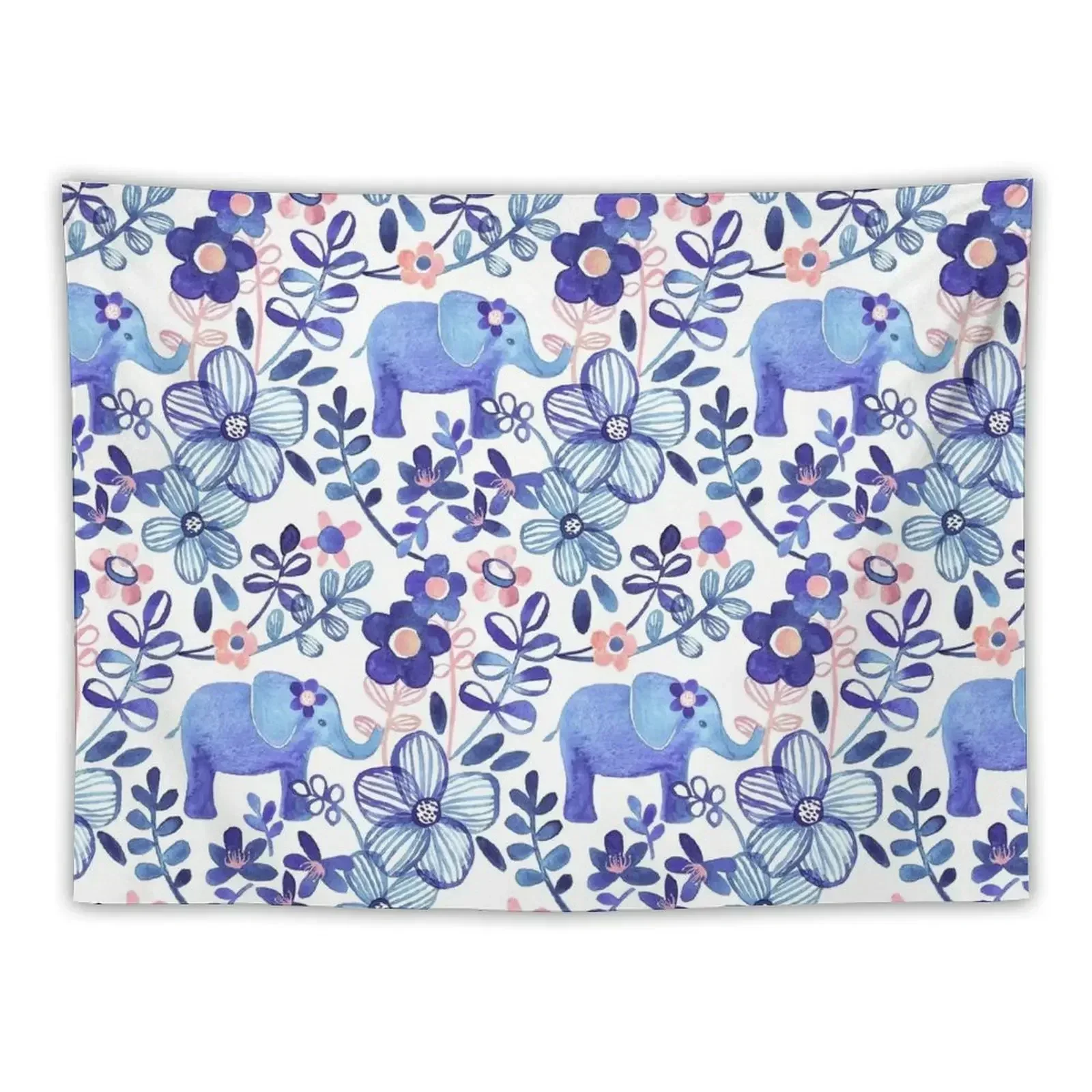 

Pale Coral, White and Purple Elephant and Floral Watercolor Pattern Tapestry Wall Art Room Decore Aesthetic Tapestry