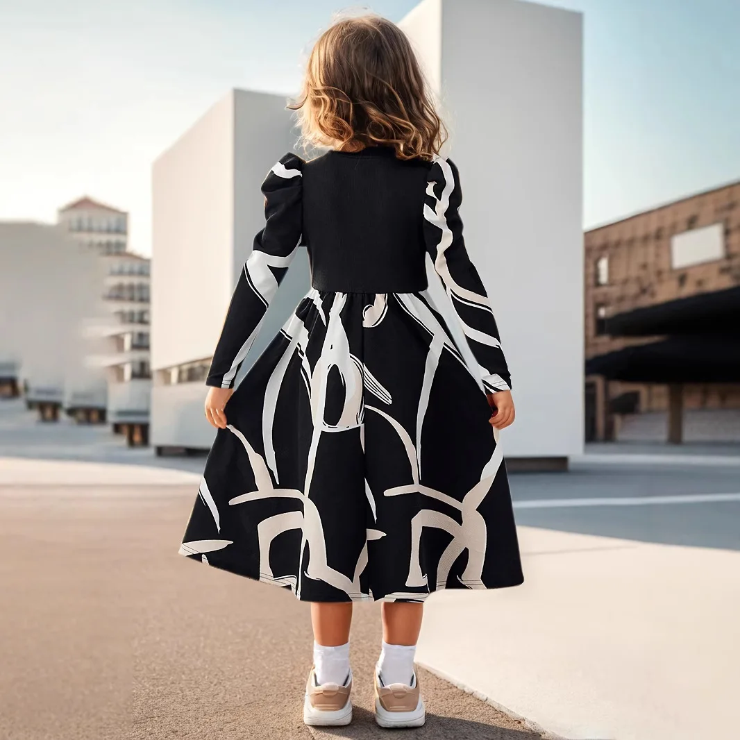 Girls' Instagram-Inspired Floral Print Dress – Minimalist Mandarin Collar with Puff Sleeves and Geometric Accents Girls Clothes