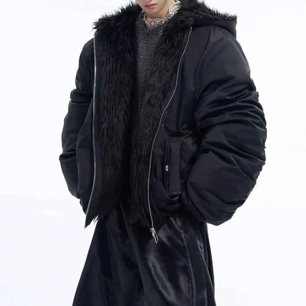 Mens Winter Jacket Furry Patchwork Hooded Cotton Jacket Fashion Casual Outdoor Versatile Comfortable Outerwear Coat 2025 New