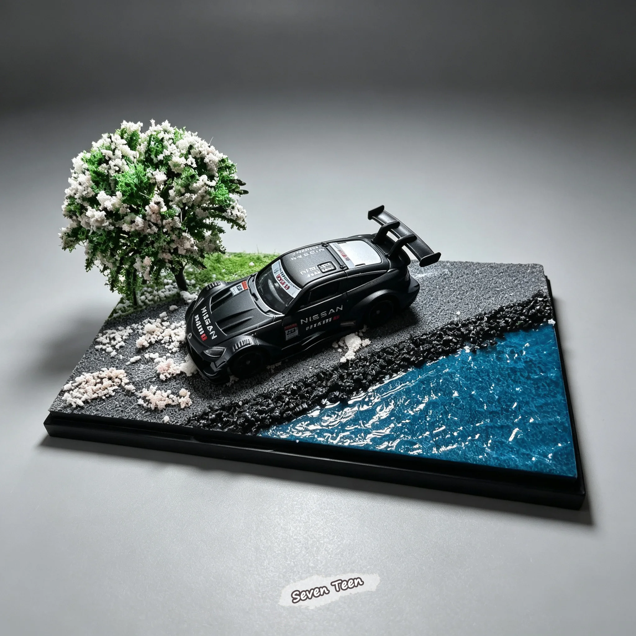 1:64 Flussufer-Kirschblüten-Szene Miniatur-Automodell mit Acryl-Displayständer, Heimdekoration, Geschenk für Fotografie-Enthusiasten