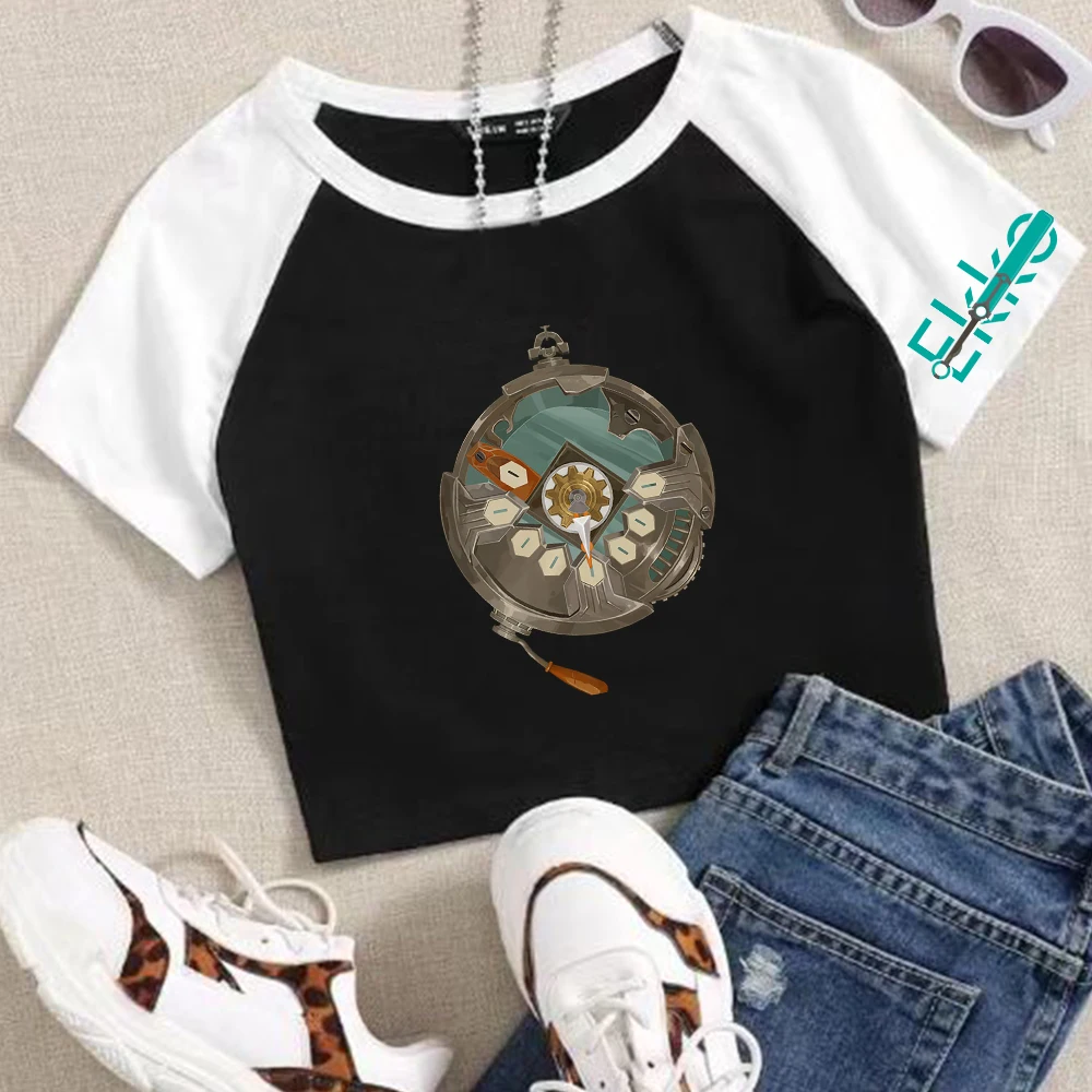 Arcane Ekko Stopwatch & Zero Drive Girls Crop Shirts Color blocked short sleeves O-Neck Top