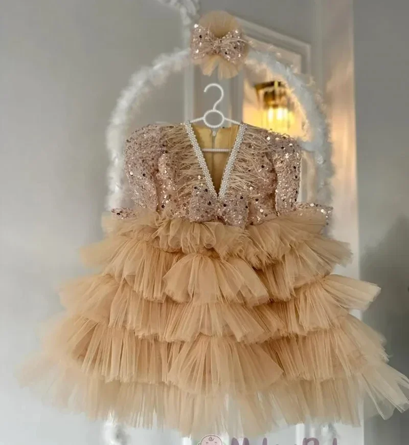 Vestido em camadas inchado com manga comprida infantil, florista, tule, lantejoulas, altura do joelho, arco, vestido de baile, pena, bebê, festa de aniversário