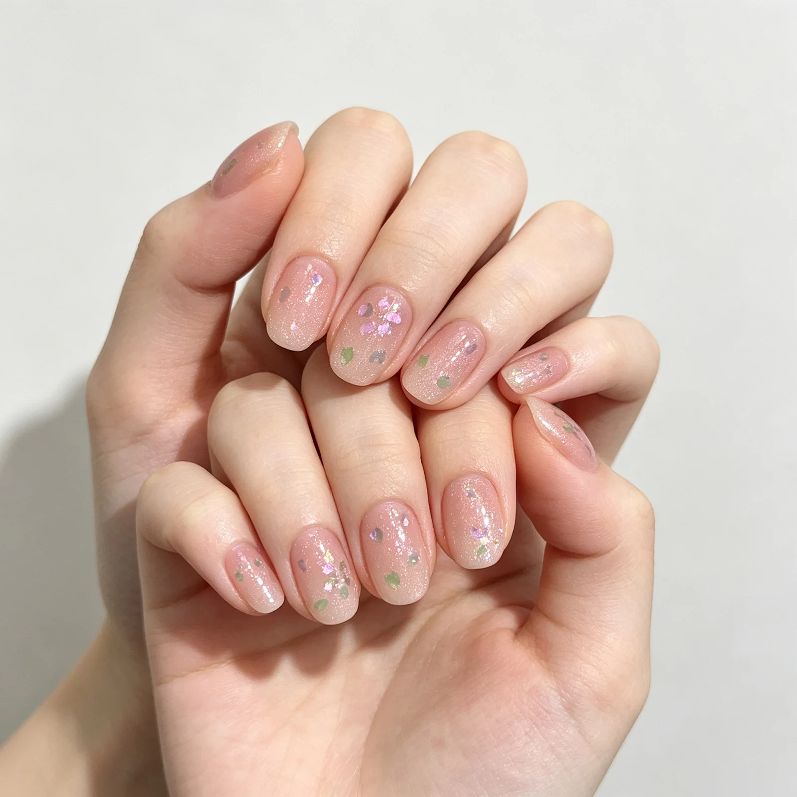 10pcs Handmade Press On Nails Hand-painted Aurora Sakura Flower False Nails Ice Transparent Nude Pink Short Oval Fake Nail