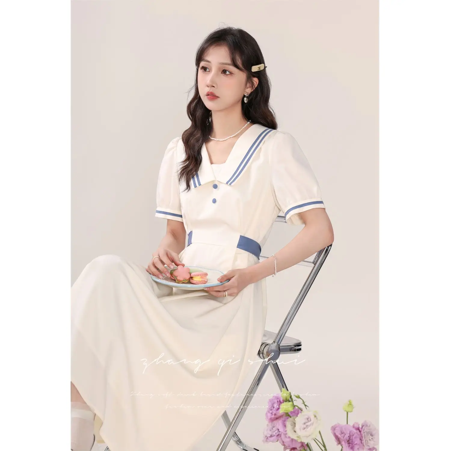 Korea Dress Women Patchwork Sailor Collar Preppy Style Spring Gentle Stylish Korean Version Bow High Waist Student