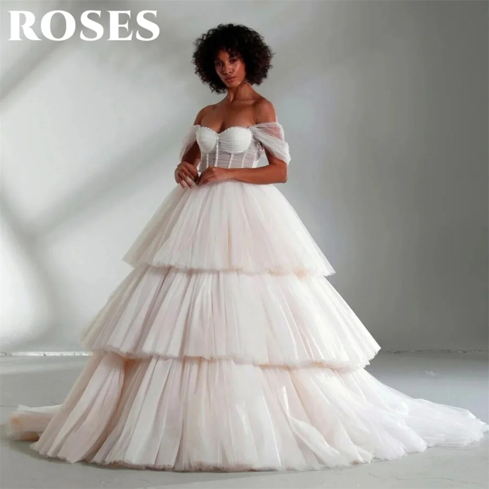 

ROSES Ivory Elegant Beautiful Prom Dress Tulle Off the Shoulder Formal Gown Pleats Tiered A-Line Evening Dress 프롬 드레스 Customized