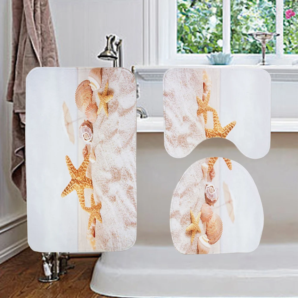

Toilet Mat Set Soft Absorbent Non Slip Bathroom Floor Mats Quick Drying Bacteria Resistant Easy Wash Sea Star Pattern