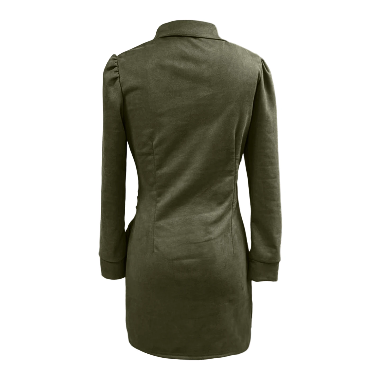 Damenkleider, Hemdkleid, olivfarbenes Wildleder, Wickelfransen, Puffärmel, asymmetrisch, lässig, Abend 2026, Outfit, trendiges, stilvolles Vestido