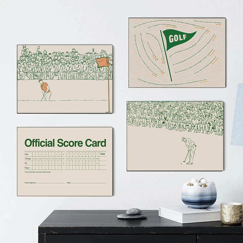 Funny Golf Quotes & Swing Tips Poster Set, Vintage Scorecard & Player Line Art Print, Educational Golf Wall Decor for Office Man
