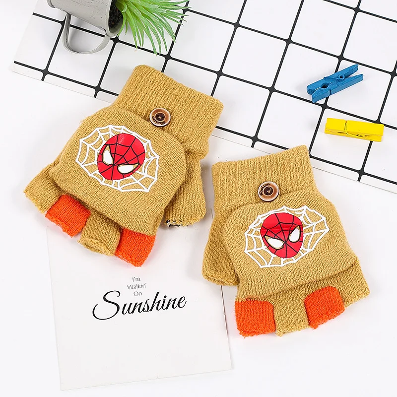 、Anime Spiderman Children's Knitted Flap Gloves Boy Girl Half Finger Wool Gloves Warm Cosplay Accessories Kids Toys Birthday Gif