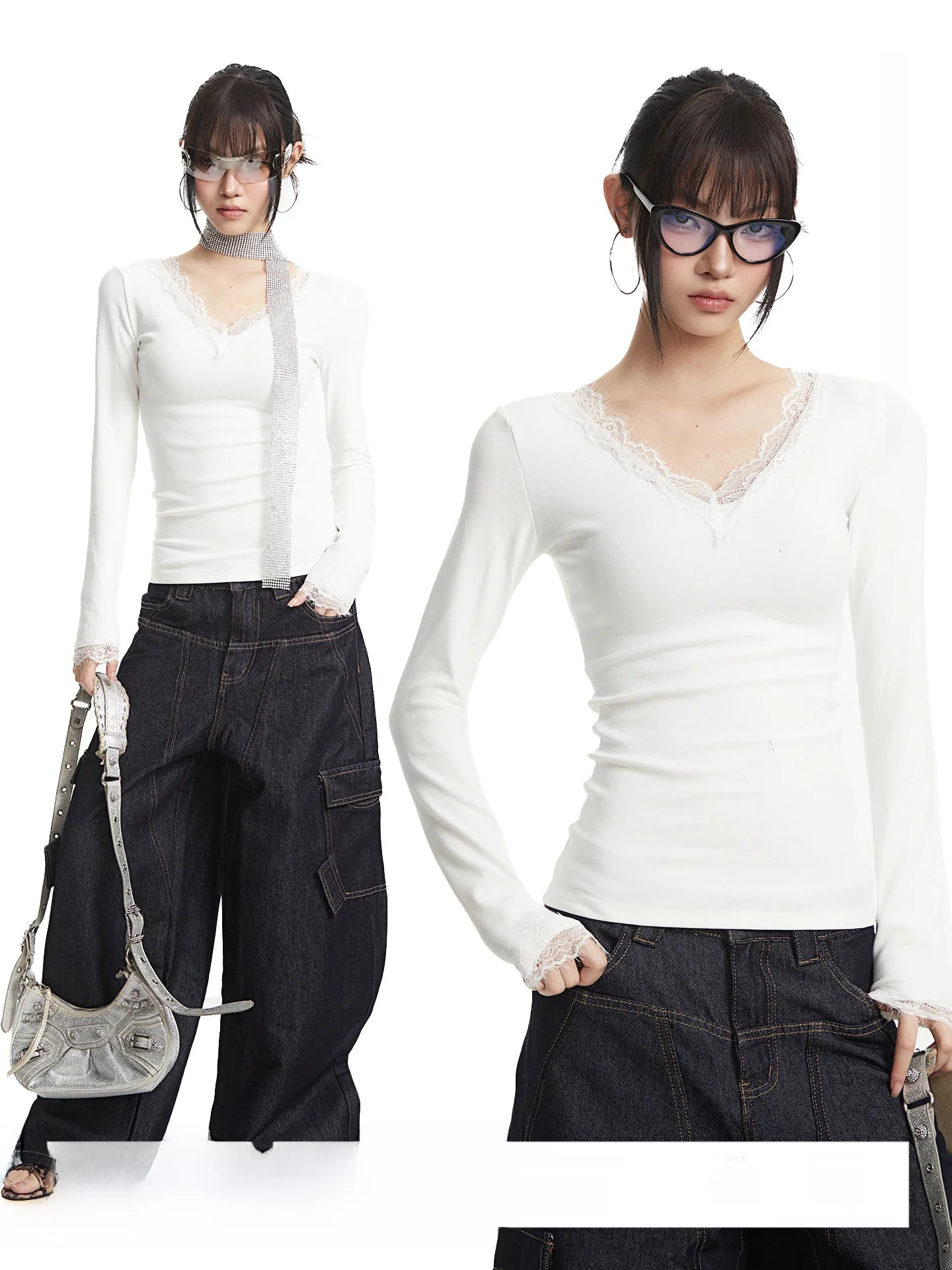 

Slim Fit Long Sve V-Ne T-irt Women's Sle American White Lace oulder T-irt for Autumn Travel Casual Wear